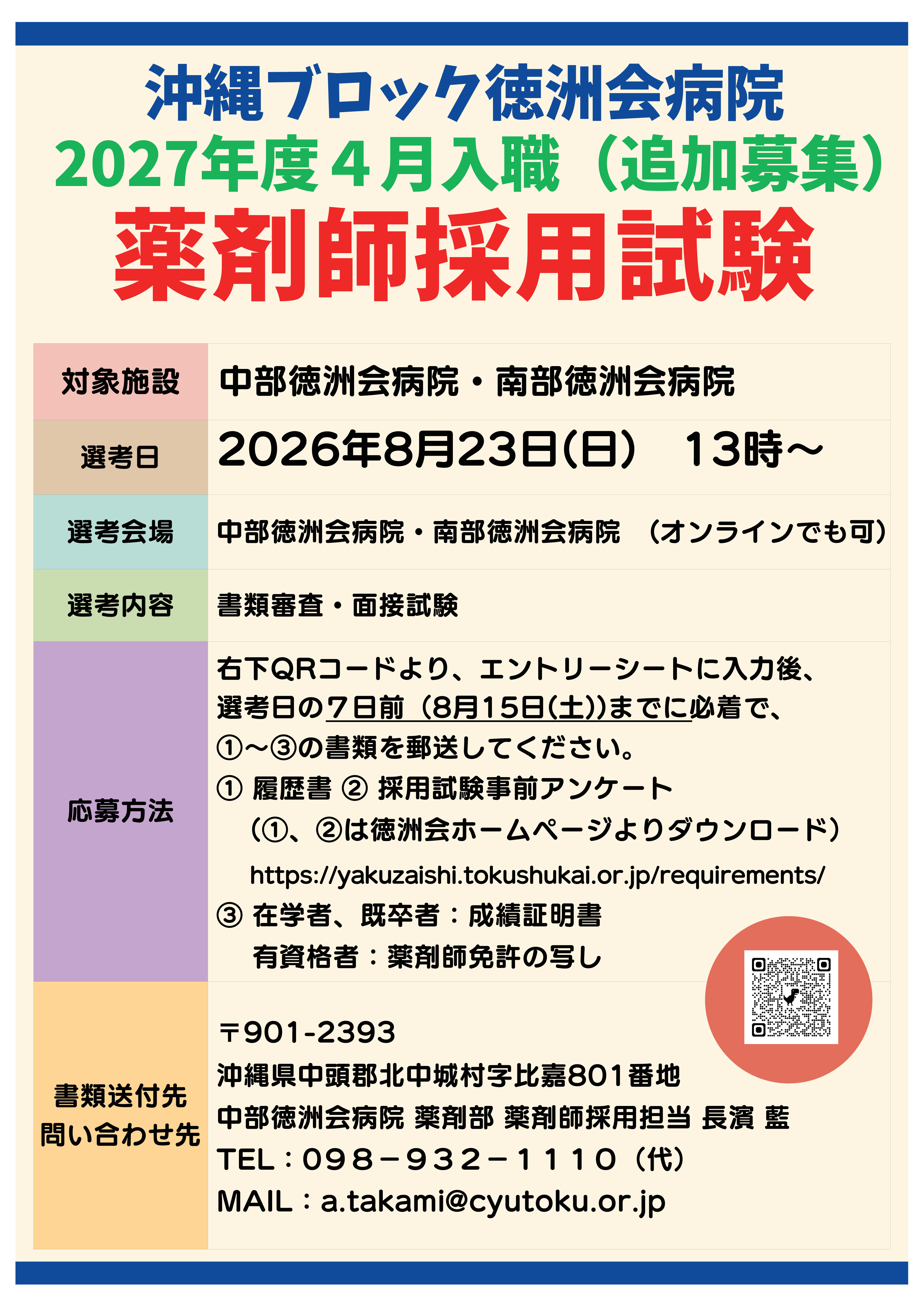  2027年度4月採用の薬剤師採用試験(クリック) 