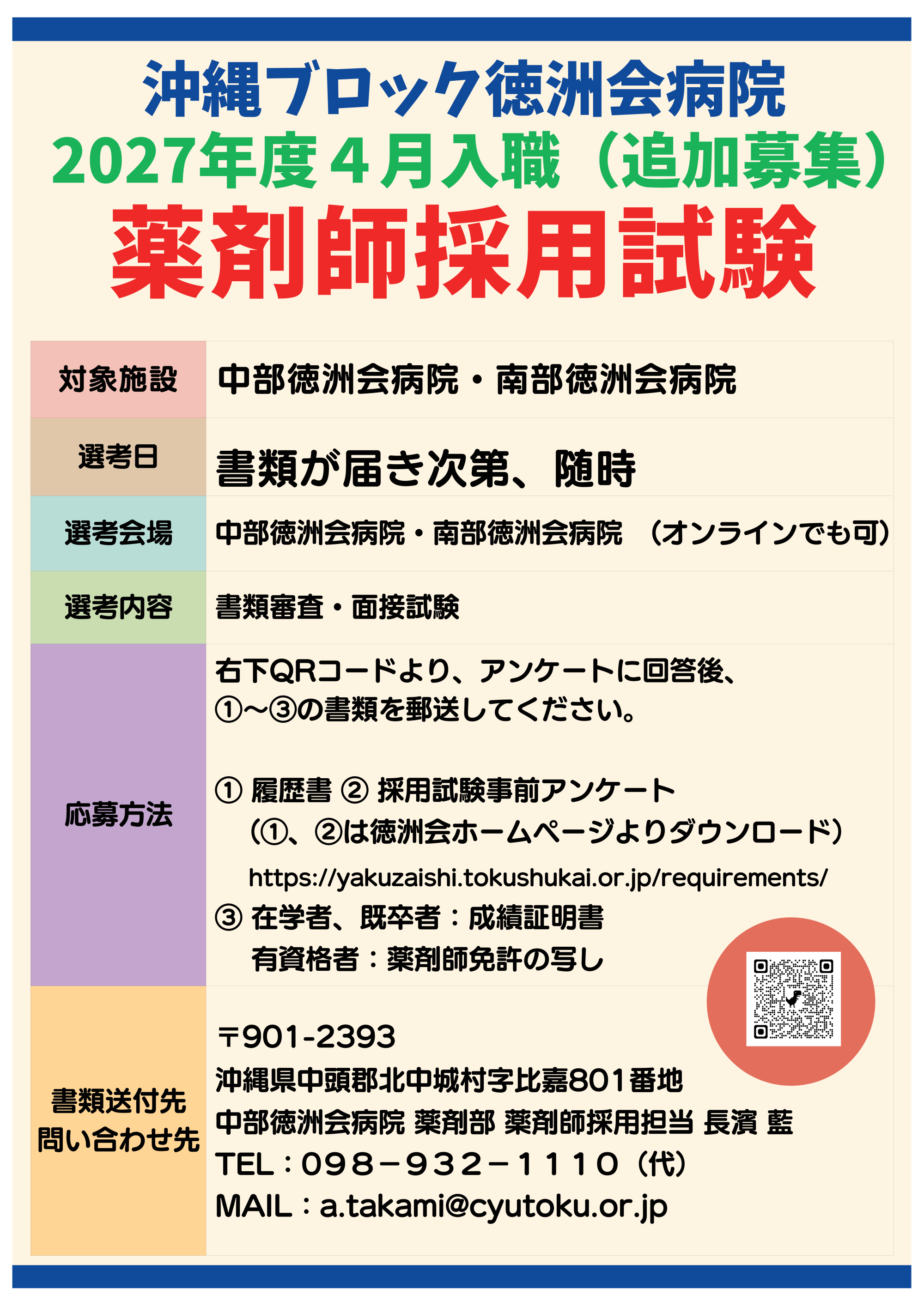  2027年度4月採用の薬剤師採用試験(クリック) 